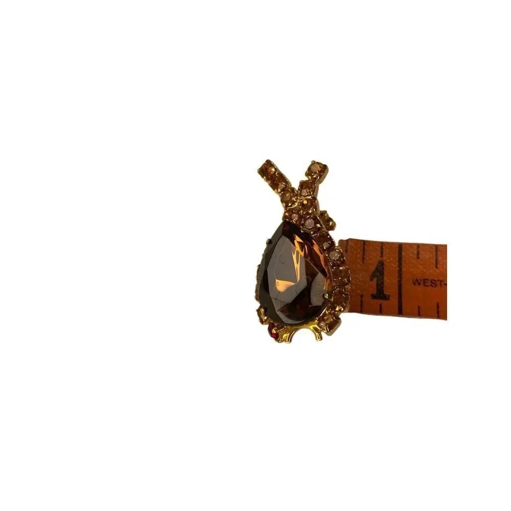 Vintage Gold Tone Amber Rhinestone Teardrop Brooch Pin Elegant Costume Jewelry